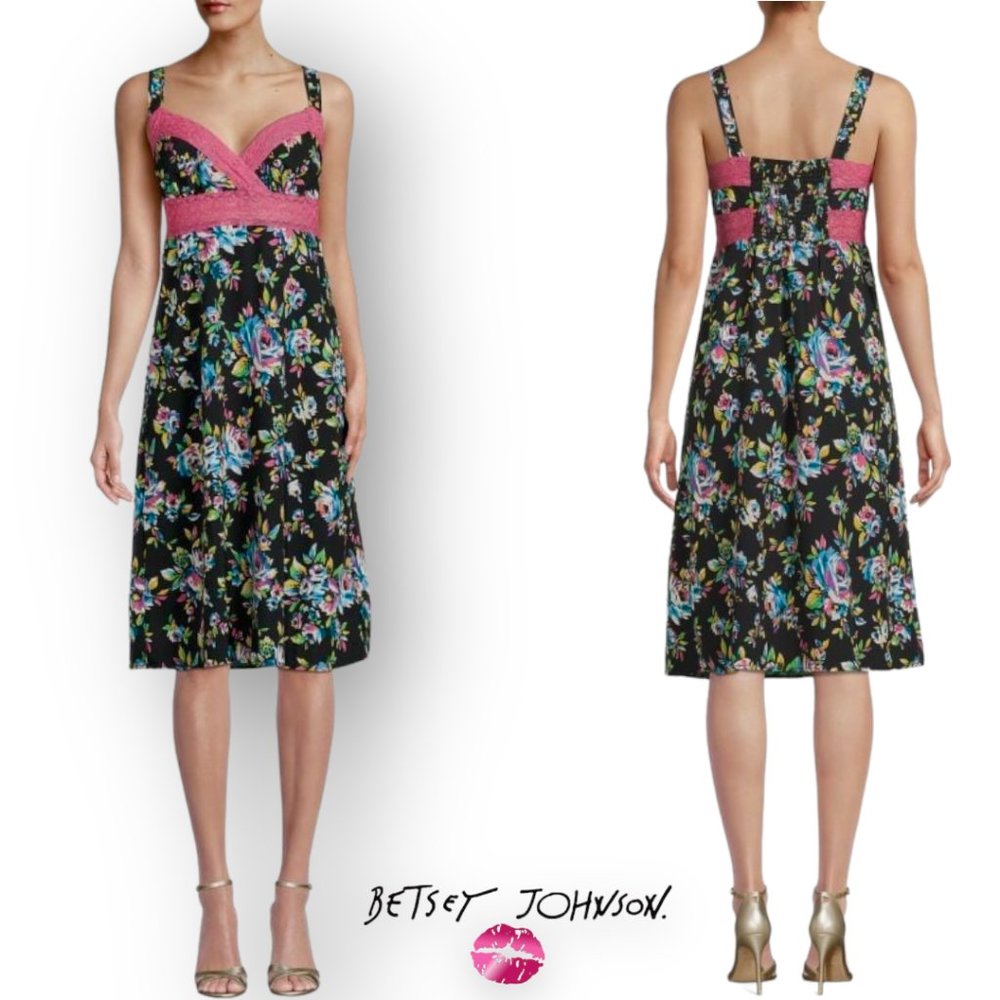 Betsey Johnson Y2K Black Floral Pink Lace Trim Dress Sleeveless Midi sundress